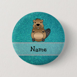 Personalized name beaver turquoise glitter 2 inch round button