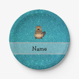 Personalized name beaver turquoise glitter paper plate