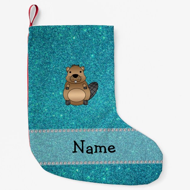 Personalized name beaver turquoise glitter small christmas stocking (Front)
