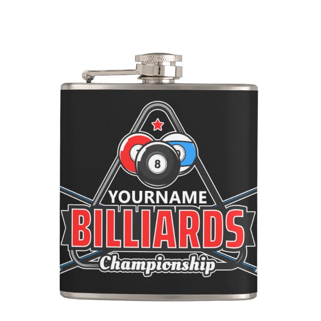Personalized NAME Billiards 8 Ball Pool Cue Rack  Hip Flask (Front)