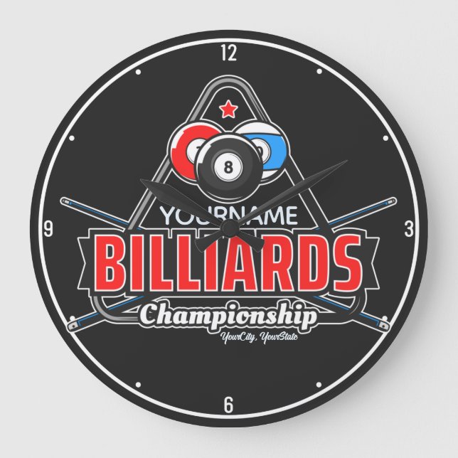 Personalized NAME Billiards 8 Ball Pool Cue Rack  Large Clock (Front)