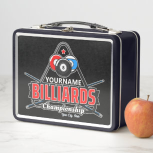 Personalized NAME Billiards 8 Ball Pool Cue Rack Metal Lunch Box