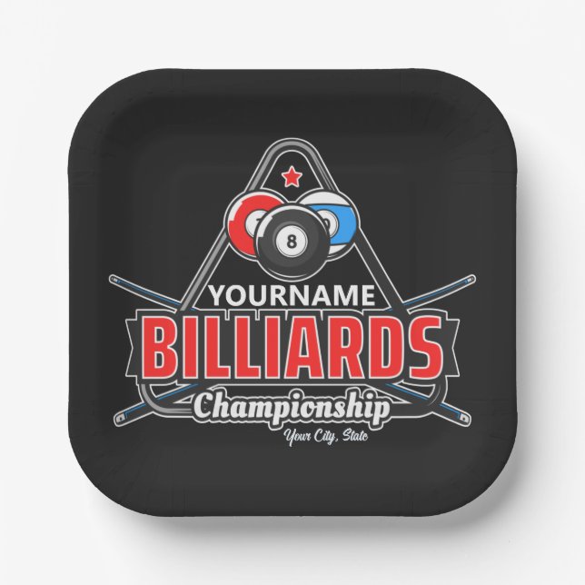 Personalized NAME Billiards 8 Ball Pool Cue Rack  Paper Plate (Front)