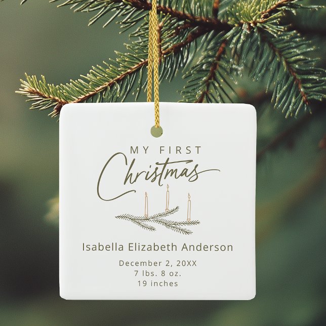 Personalized Name Birth Stats My First Christmas Ceramic Ornament (Shown on a Ceramic Square Ornament)