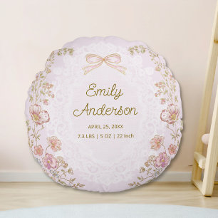 Personalized Name Birth Stats Watercolor Floral Round Pillow