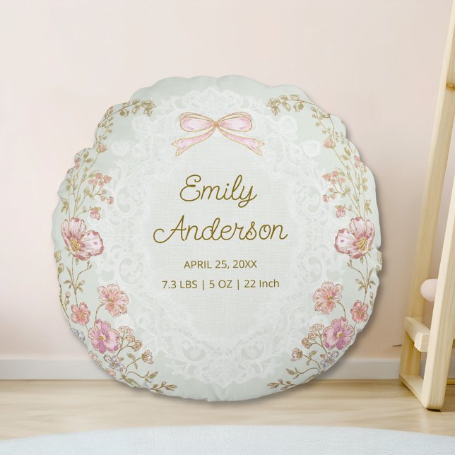 Personalized Name Birth Stats Watercolor Floral Round Pillow (In situ)