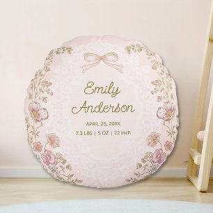 Personalized Name Birth Stats Watercolor Floral Round Pillow