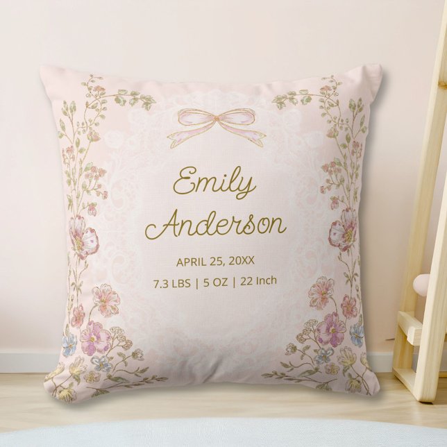 Personalized Name Birth Stats Watercolor Floral Throw Pillow (In situ)