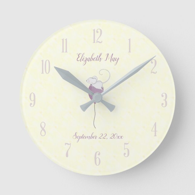 Personalized Name Birthdate Mouse Floating Balloon Round Clock (Front)