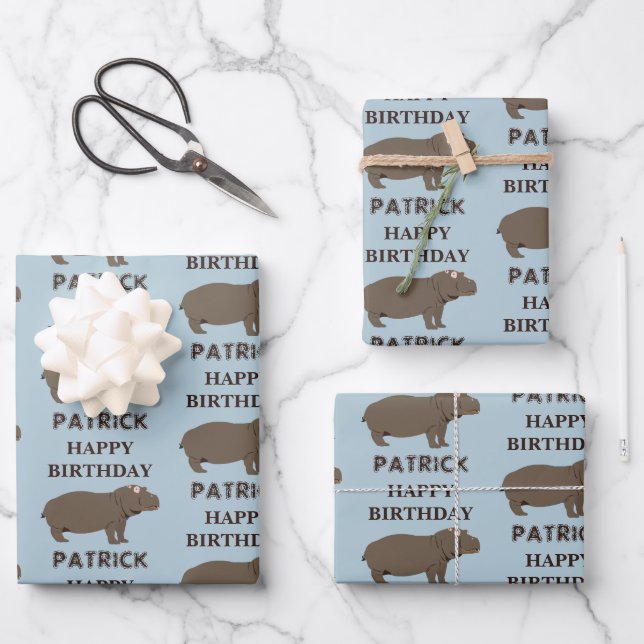 Personalized Name Birthday Hippopotamus Hippo Wrapping Paper Sheet (Front)