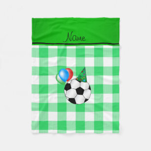 Personalized name birthday soccer green checkers fleece blanket