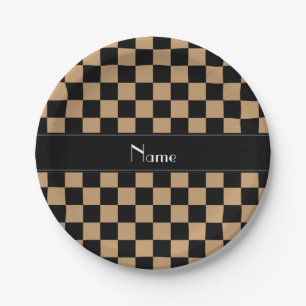 Personalized name black and brown checkers paper plate
