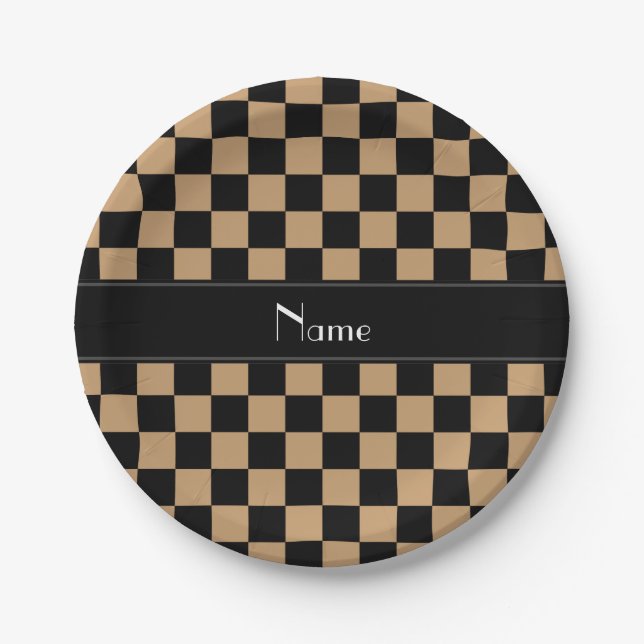Personalized name black and brown checkers paper plate (Front)