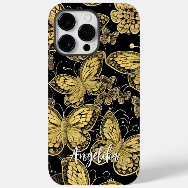  Personalized Name Black and Gold Butterflies Case-Mate iPhone Case (Back)