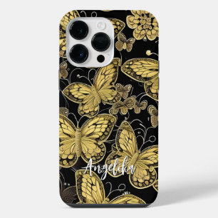 Personalized Name Black and Gold Butterflies iPhone 14 Pro Max Case
