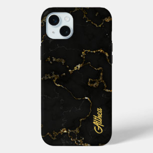 Personalized Name Black and Gold Marbled iPhone 15 Mini Case