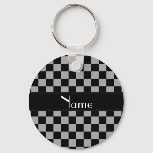 Personalized name black and grey checkers keychain