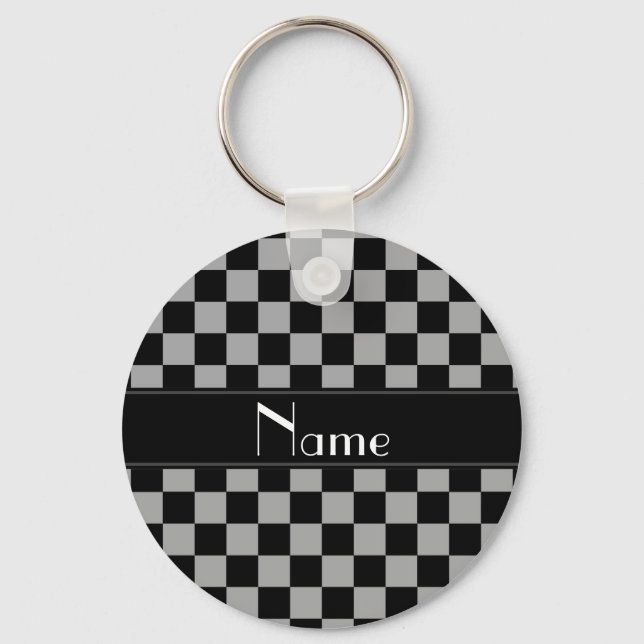 Personalized name black and grey checkers keychain (Front)