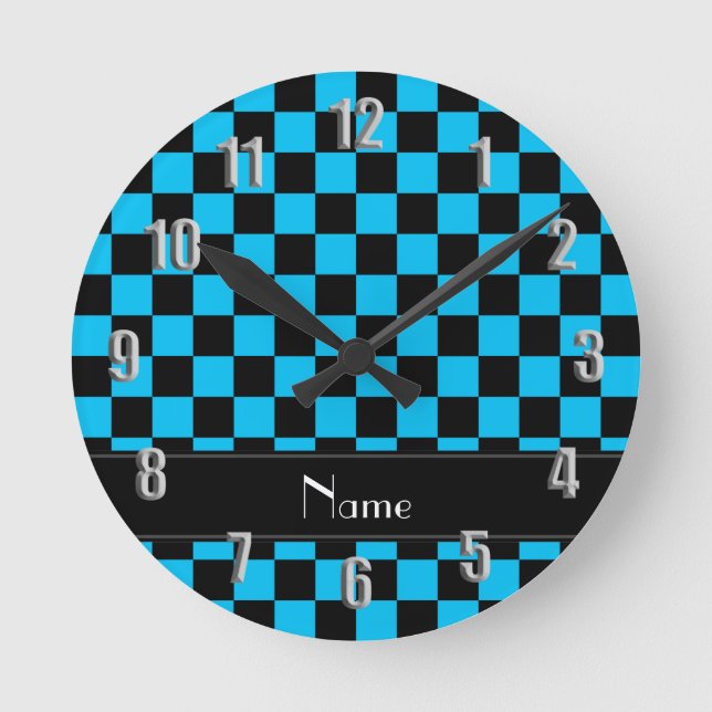 Personalized name black and light blue checkers round clock (Front)