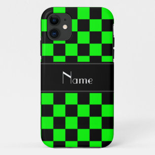 Personalized name black and neon green checkers iPhone 11 case