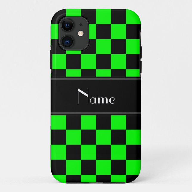 Personalized name black and neon green checkers Case-Mate iPhone case (Back)