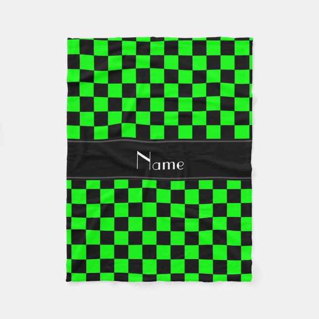 Personalized name black and neon green checkers fleece blanket (Front)