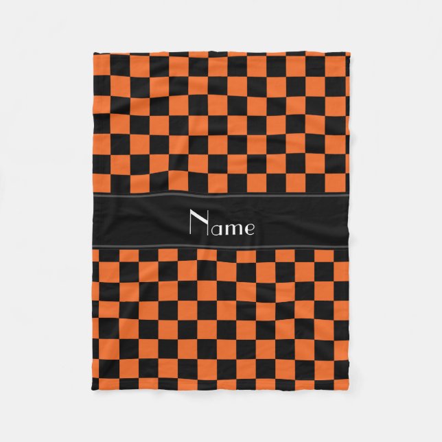 Personalized name black and orange checkers fleece blanket (Front)
