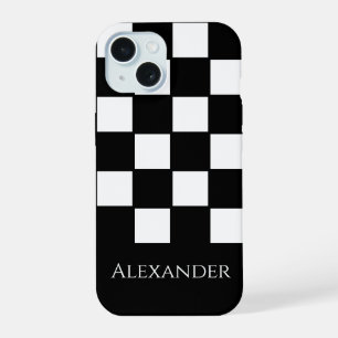 Personalized Name Black and White Check iPhone 15 Case