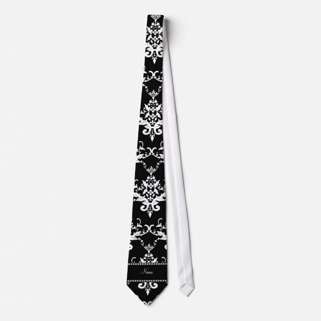 Personalized name black and white damask tie (Front)