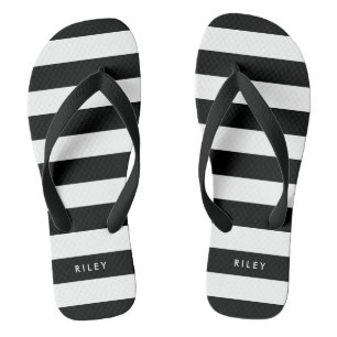 Personalized Name Black and White Stripes Flip Flops
