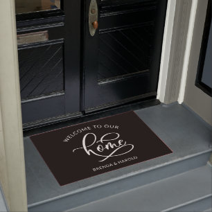 Personalized name black and white welcome  doormat