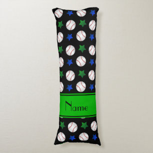 Personalized name black baseball blue green stars body pillow