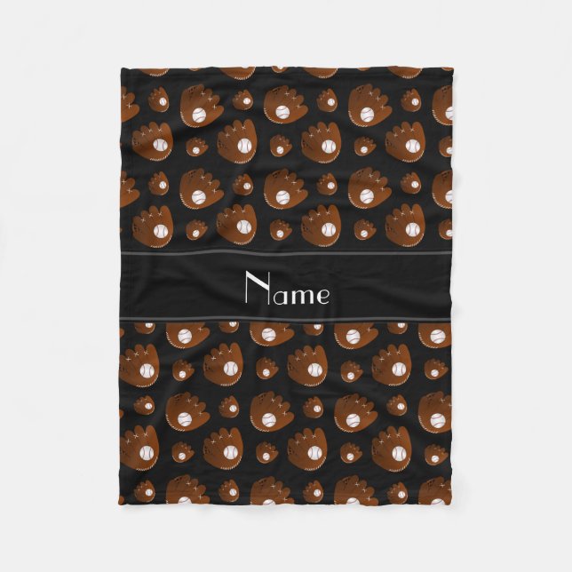 Personalized name black baseball gloves balls fleece blanket (Front)