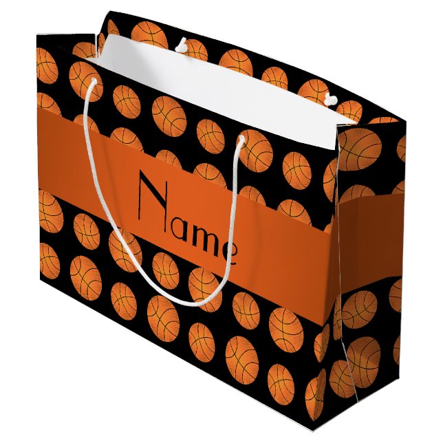 Personalized name black basketballs large gift bag (Back Angled)