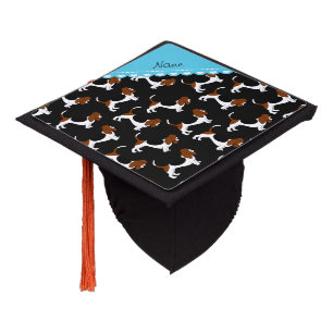Personalized name black basset hound dogs graduation cap topper