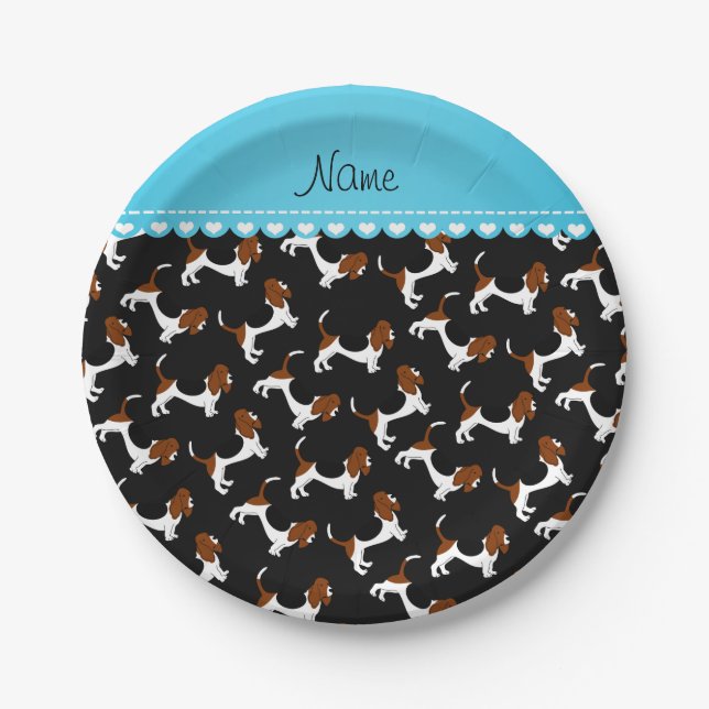 Personalized name black basset hound dogs paper plate (Front)