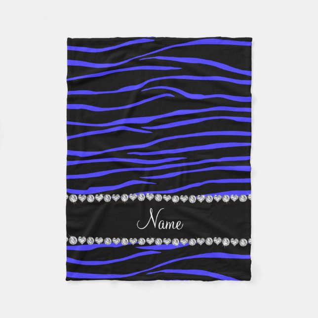 Personalized name black blue zebra stripes fleece blanket (Front)