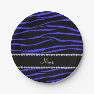 Personalized name black blue zebra stripes paper plate