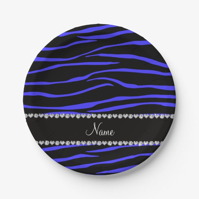 Personalized name black blue zebra stripes paper plate (Front)