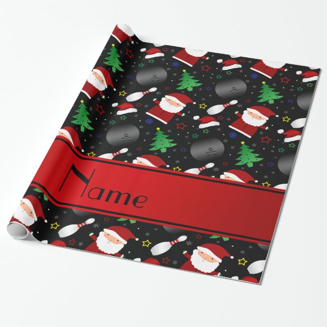 Personalized name black bowling christmas pattern wrapping paper (Unrolled)