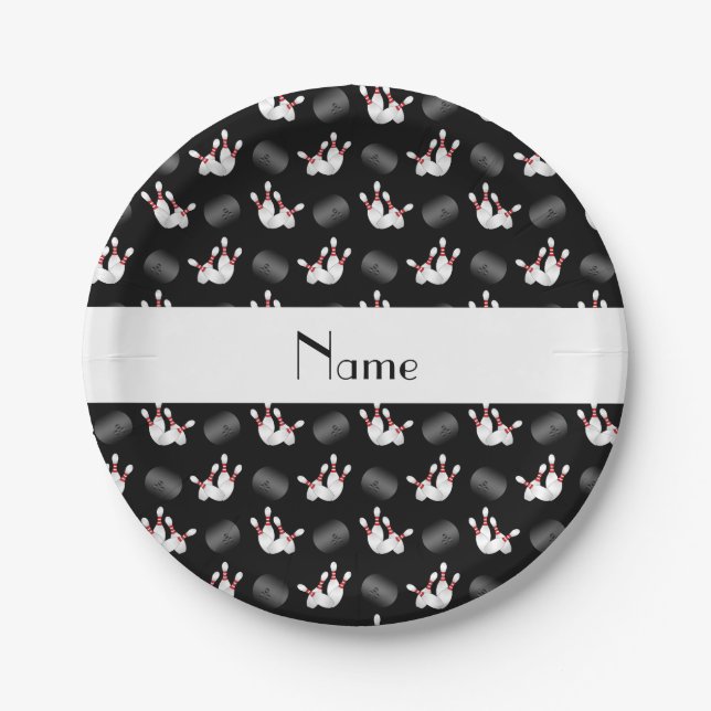 Personalized name black bowling pattern paper plate (Front)