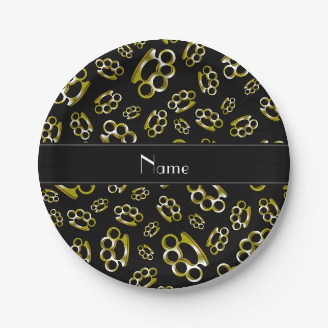 Personalized name black brass knuckles paper plate (Front)