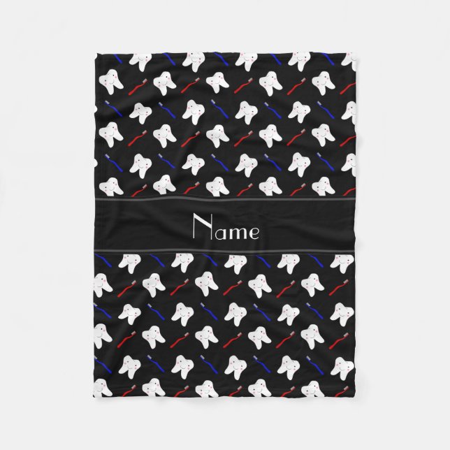 Personalized name black brushes and tooth pattern fleece blanket (Front)