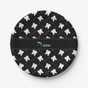 Personalized name black brushes and tooth pattern paper plate