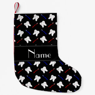 Personalized name black brushes and tooth pattern small christmas stocking