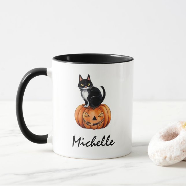 Personalized Name Black Cat & Pumpkin Halloween  Mug (With Donut)