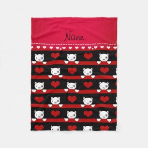 Personalized name black cats red hearts stripes fleece blanket