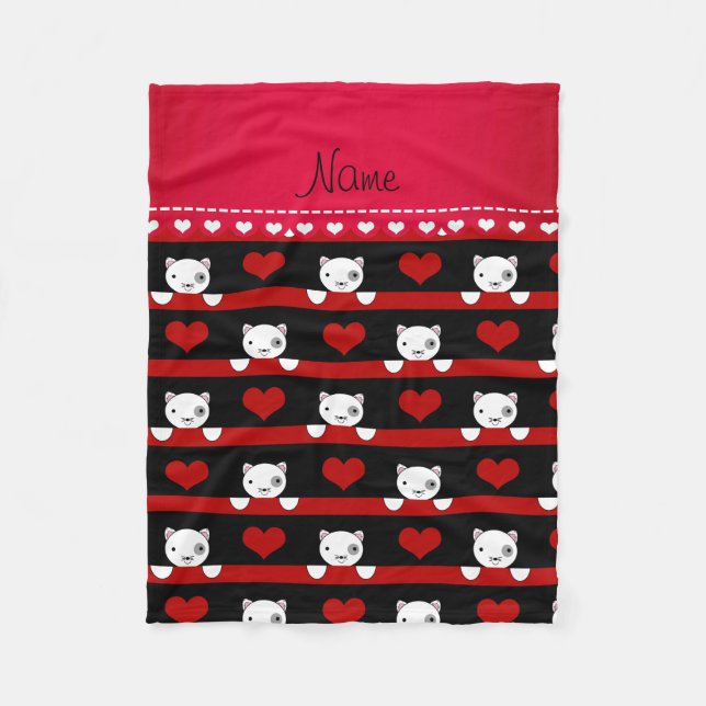Personalized name black cats red hearts stripes fleece blanket (Front)