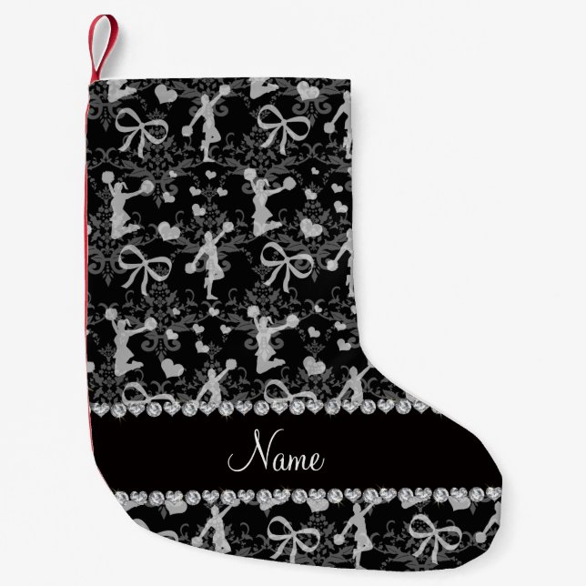 Personalized name black cheerleading damask small christmas stocking (Front)