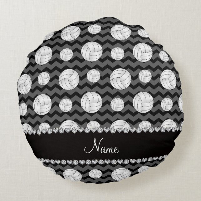 Personalized name black chevrons volleyballs round pillow (Back)